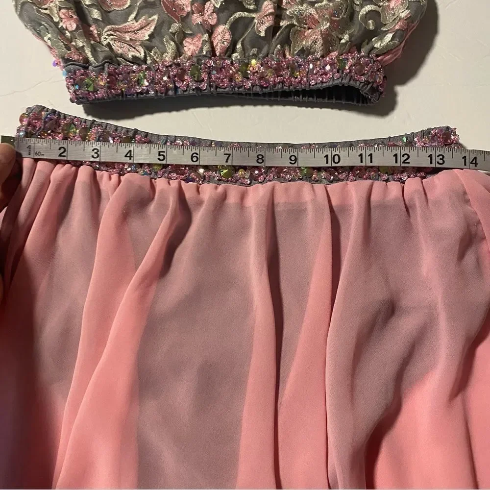 Glamour solo 2 piece dance costume pink gray lyrical embellishbling XLA adult